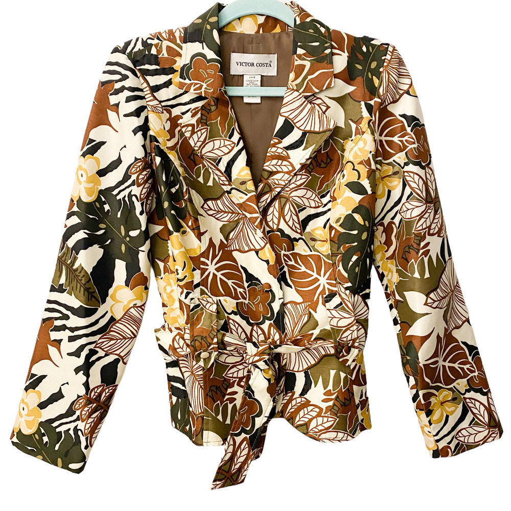 Victor Costa blazer Jacket Patterned Tropical Size 8 AOP Green